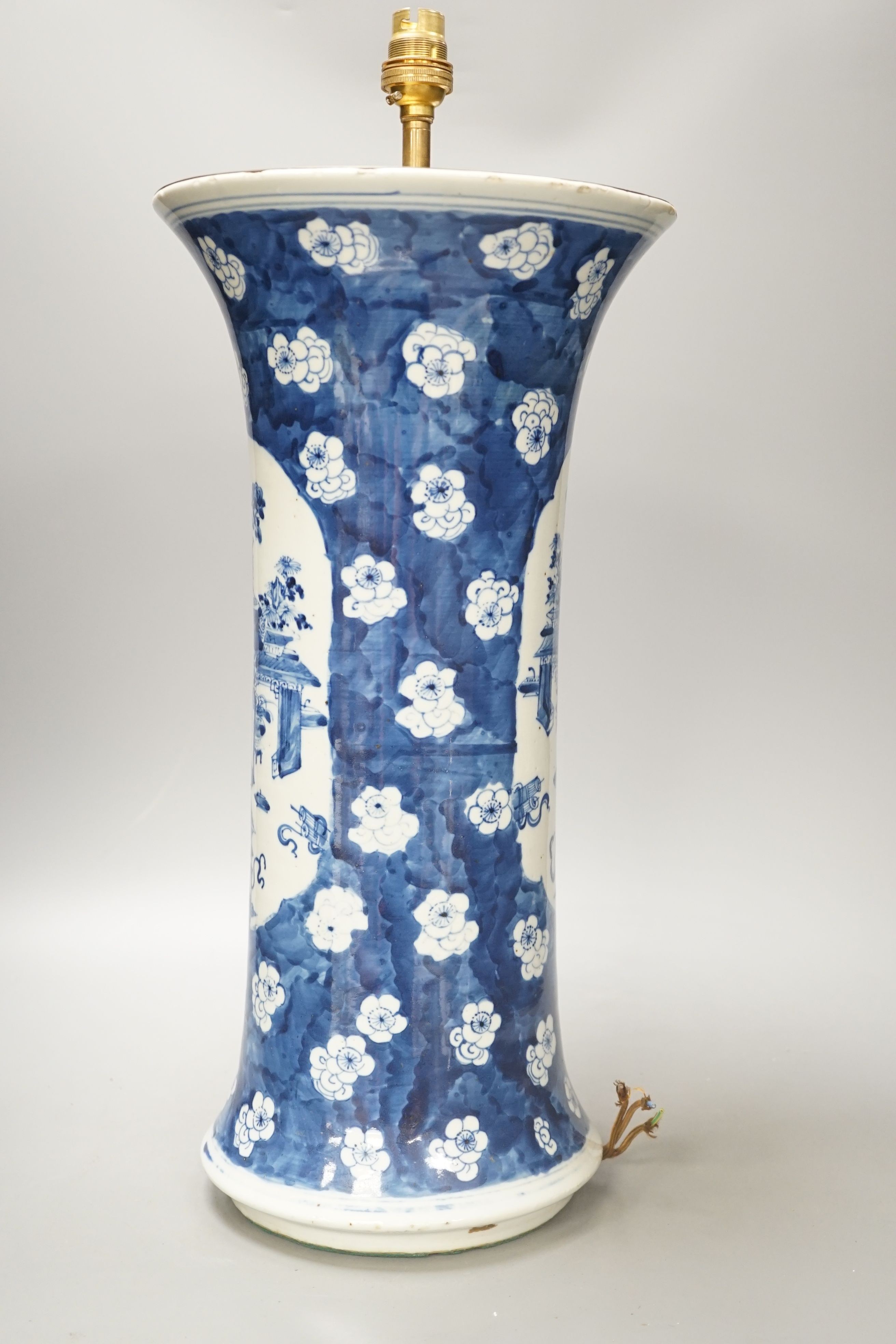 A large Chinese blue and white vase, early 20th century, converted to a lamp base, 46cm